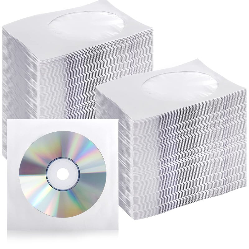 Fasmov 1,000 Pieces White Paper CD DVD Sleeves Envelope Holder with Clear Window and Flap - Image 1